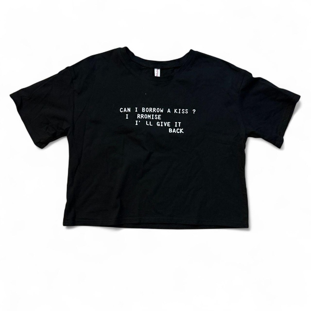 Lasiping Black Can I Borrow a Kiss Cropped Graphic T-Shirt Small